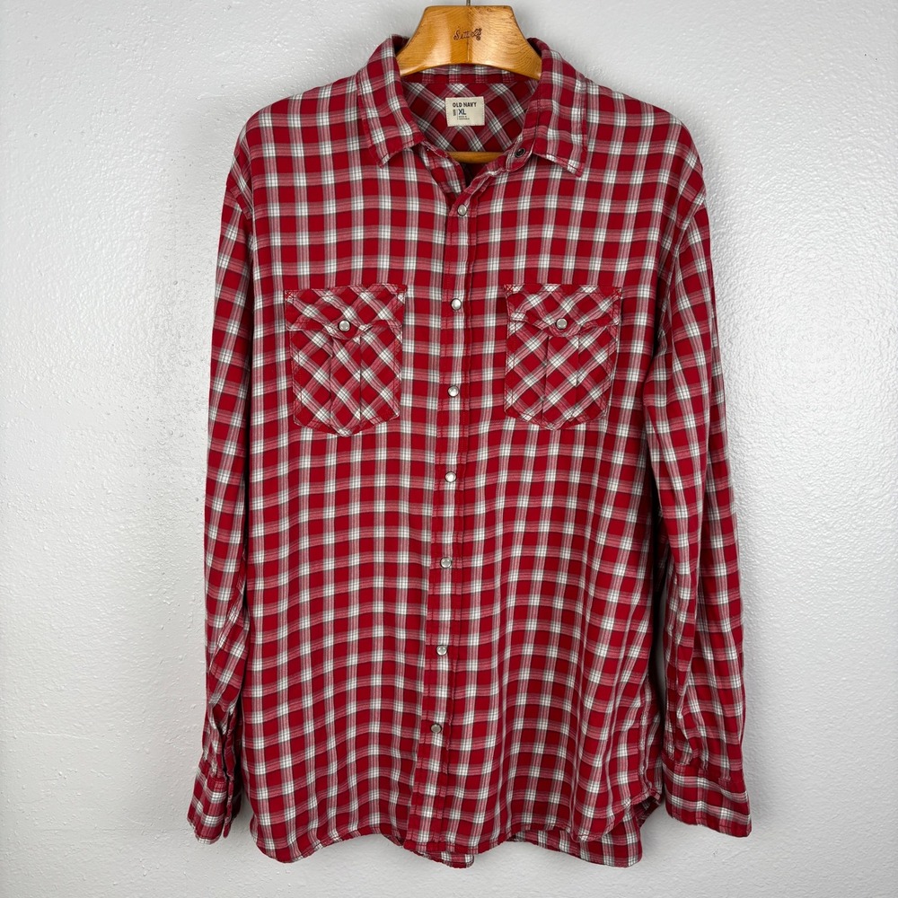 Old Navy Men's XL Red Plaid Pearl Snap Shirt Western Long Sleeve‎ Cotton Flannel